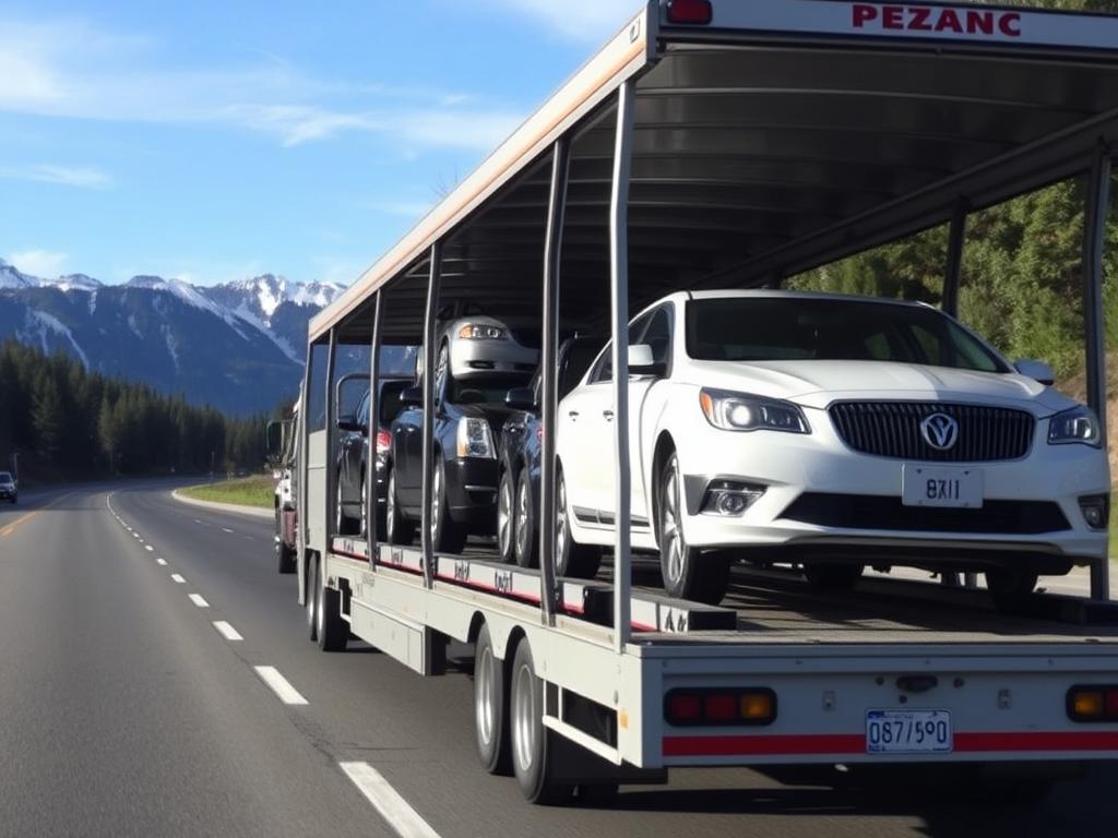 Open car carrier transporting vehicles on an Oregon highway Open car carrier transporting vehicles on an Oregon highway