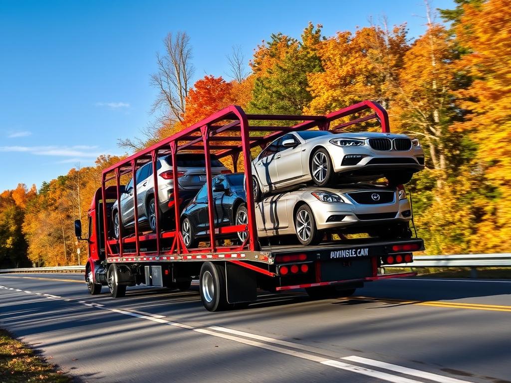 Open car carrier transporting vehicles through Massachusetts in autumn Open car carrier transporting vehicles through Massachusetts in autumn