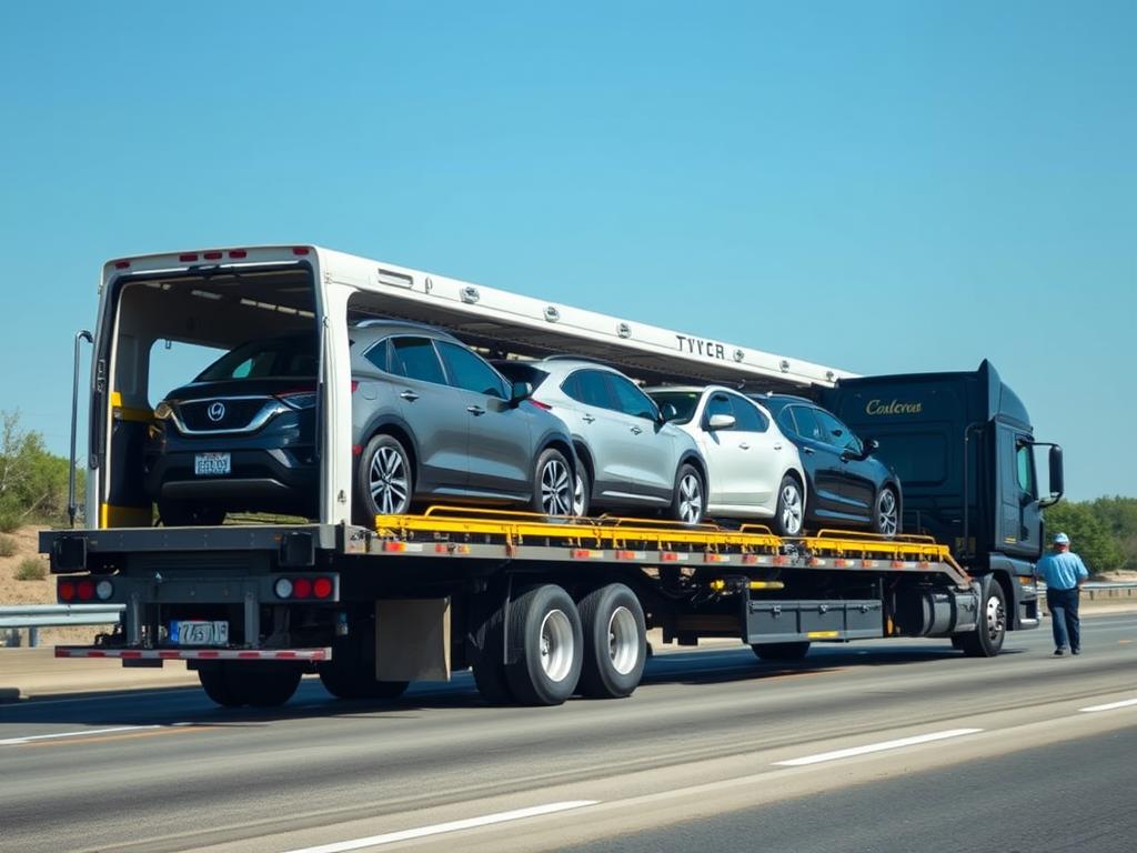 Open car transport carrier with multiple vehicles in Wisconsin Open car transport carrier with multiple vehicles in Wisconsin