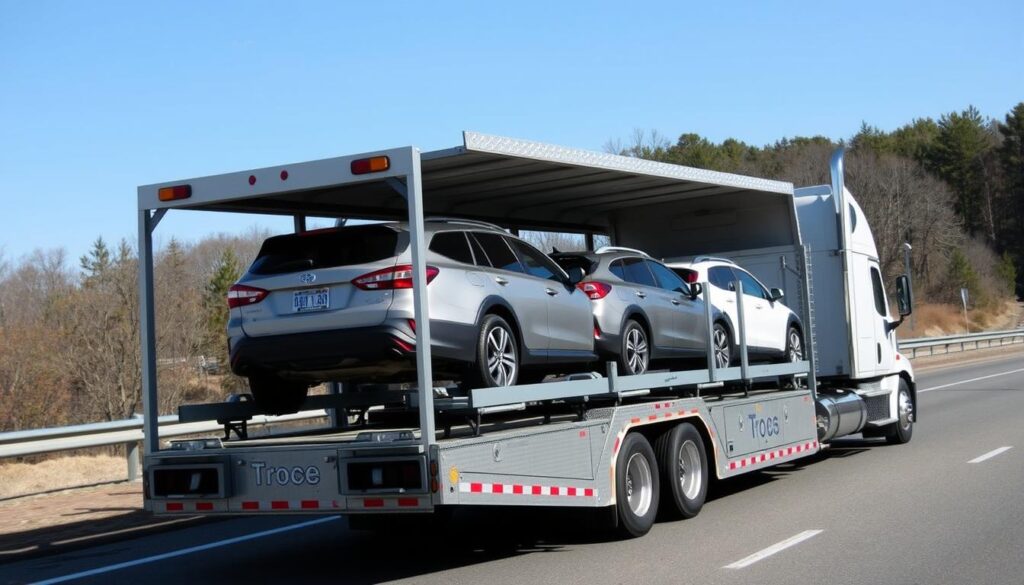 Open car transport trailer carrying multiple vehicles for Connecticut car shipping Open car transport trailer carrying multiple vehicles for Connecticut car shipping