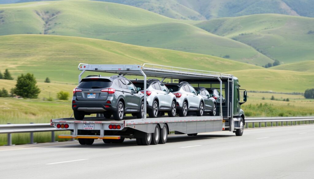 Open car transport trailer carrying multiple vehicles on a Tennessee highway Open car transport trailer carrying multiple vehicles on a Tennessee highway