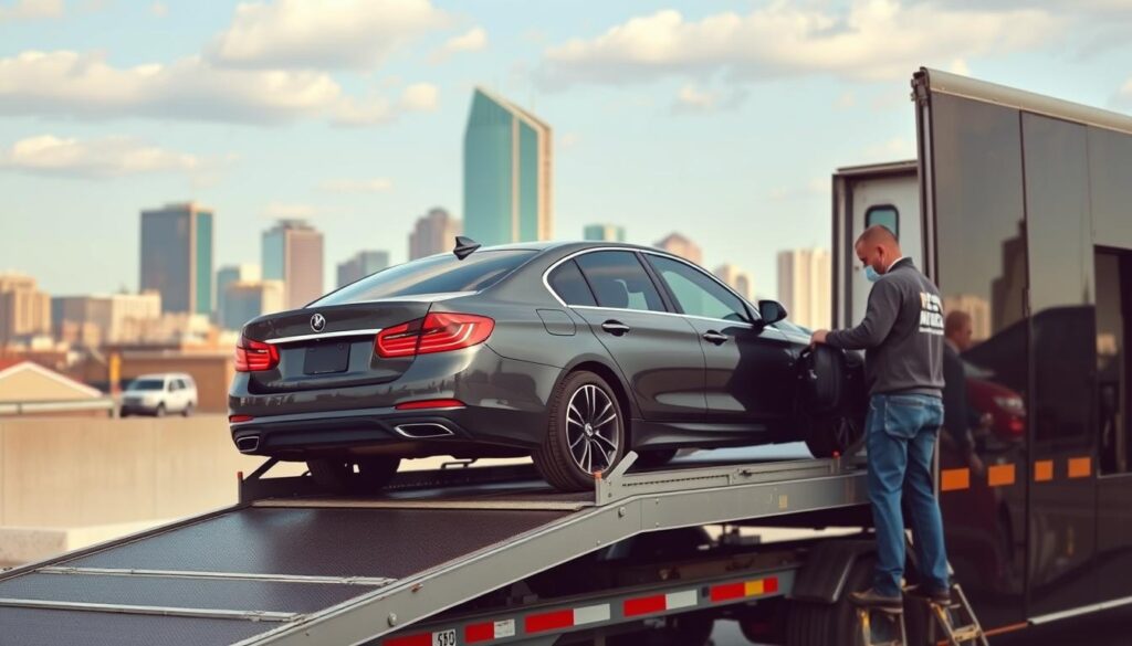 Open car transport trailer loading a vehicle in Atlanta Open car transport trailer loading a vehicle in Atlanta