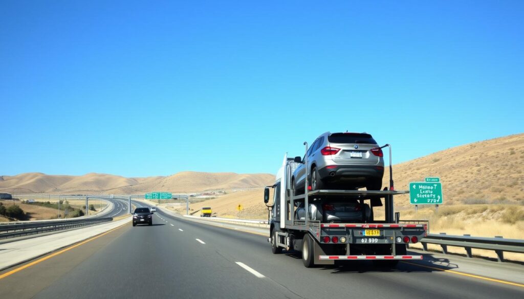 Open carrier auto transport on Missouri highway Open carrier auto transport on Missouri highway