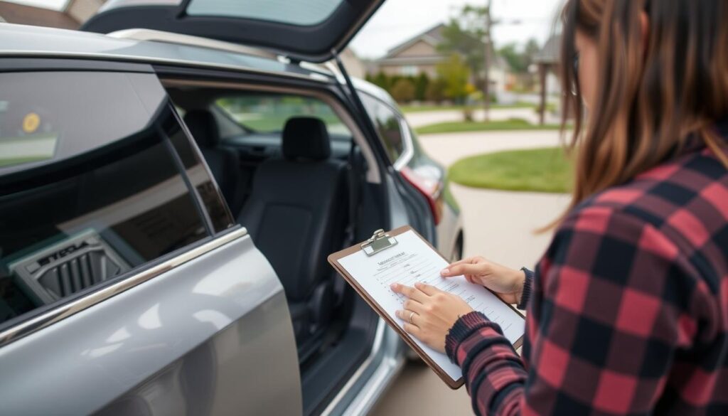 Person preparing a car for shipping in Iowa with a checklist Person preparing a car for shipping in Iowa with a checklist