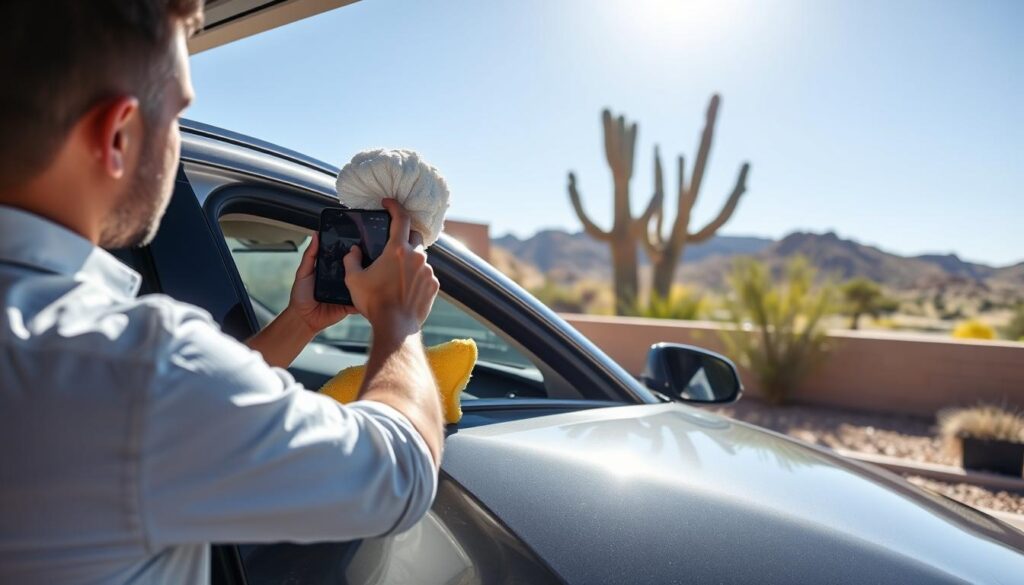 Person preparing a car for shipping in Phoenix by cleaning and documenting its condition Person preparing a car for shipping in Phoenix by cleaning and documenting its condition