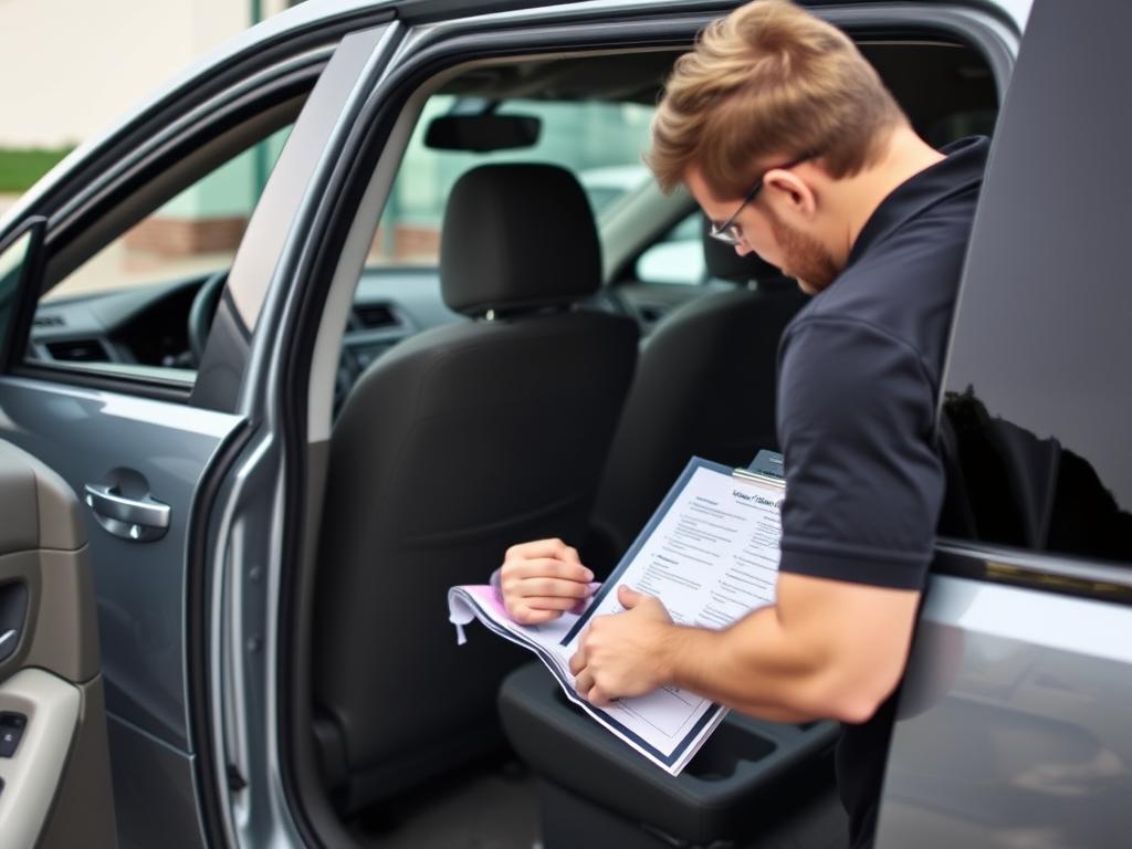 Person preparing car for shipping in South Dakota with inspection checklist Person preparing car for shipping in South Dakota with inspection checklist