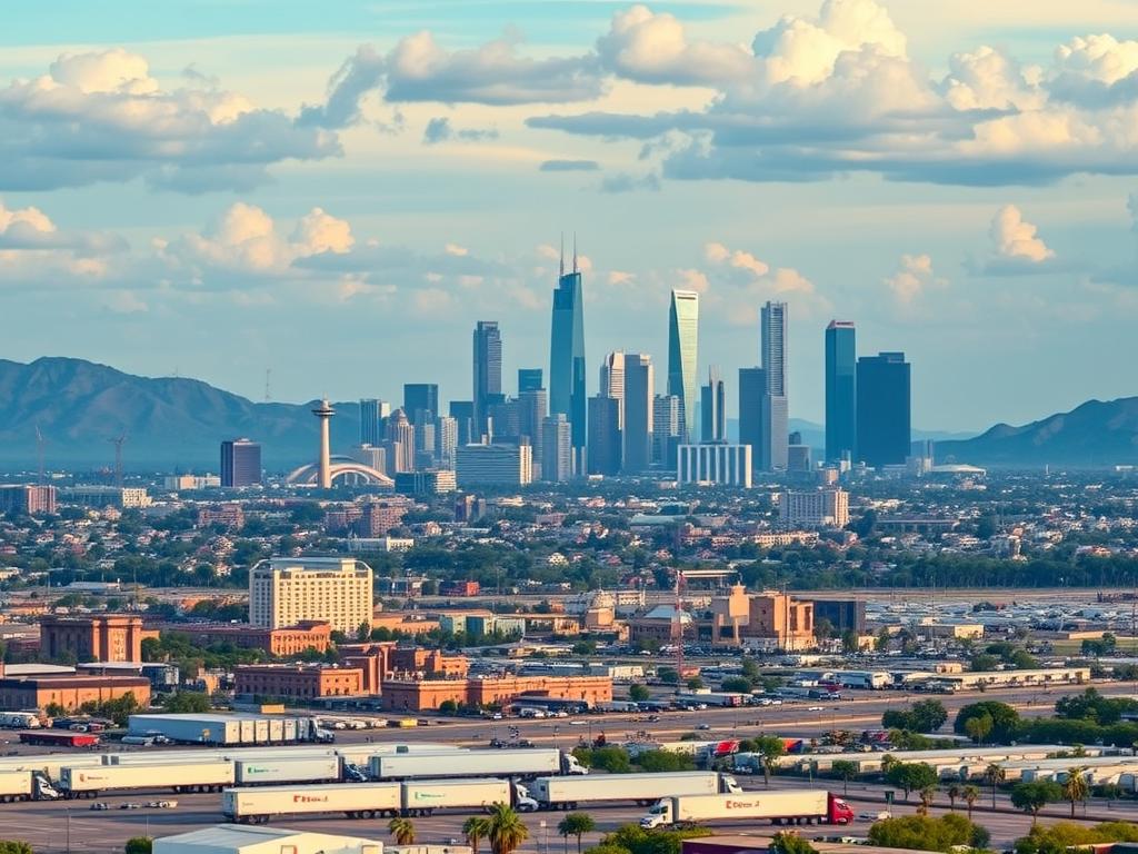 Phoenix skyline with car transport trucks in foreground Phoenix skyline with car transport trucks in foreground