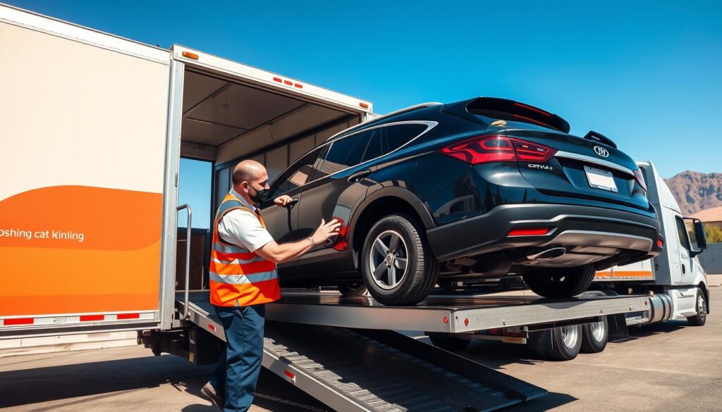 Professional auto transport company in Phoenix loading a vehicle onto a carrier Professional auto transport company in Phoenix loading a vehicle onto a carrier