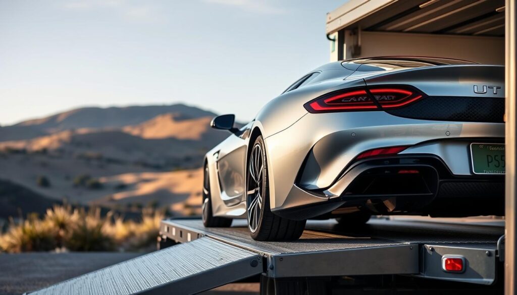 Professional car shipping carrier loading a luxury vehicle for California car shipping service Professional car shipping carrier loading a luxury vehicle for California car shipping service