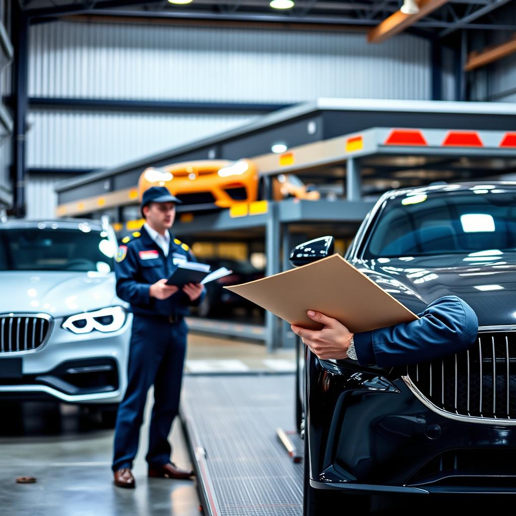 Professional car shipping expert inspecting a vehicle before transport in New Jersey Professional car shipping expert inspecting a vehicle before transport in New Jersey