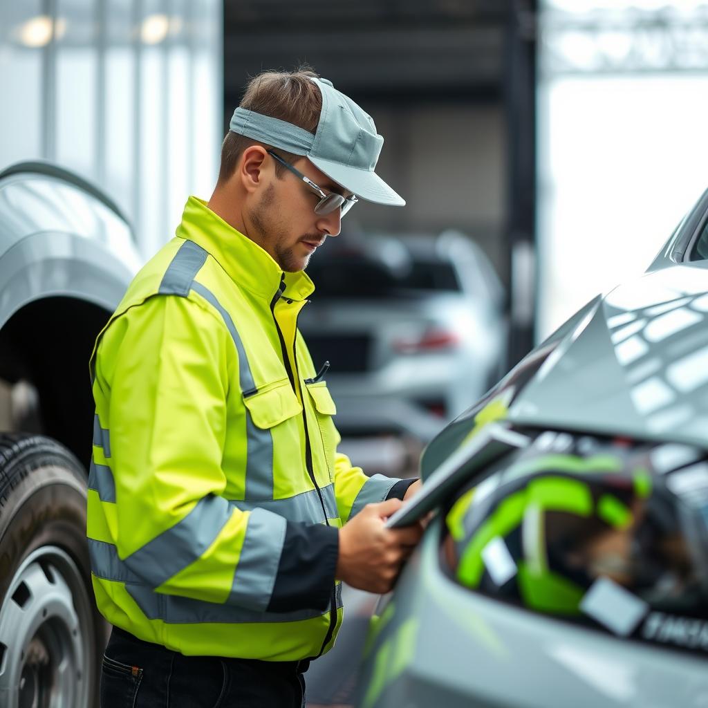 Professional car shipping expert inspecting a vehicle before transport Professional car shipping expert inspecting a vehicle before transport