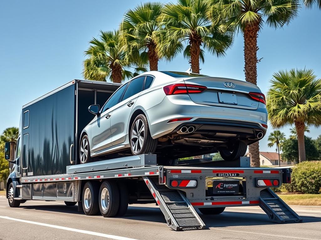 Professional car shipping loading process in South Carolina with palm trees Professional car shipping loading process in South Carolina with palm trees