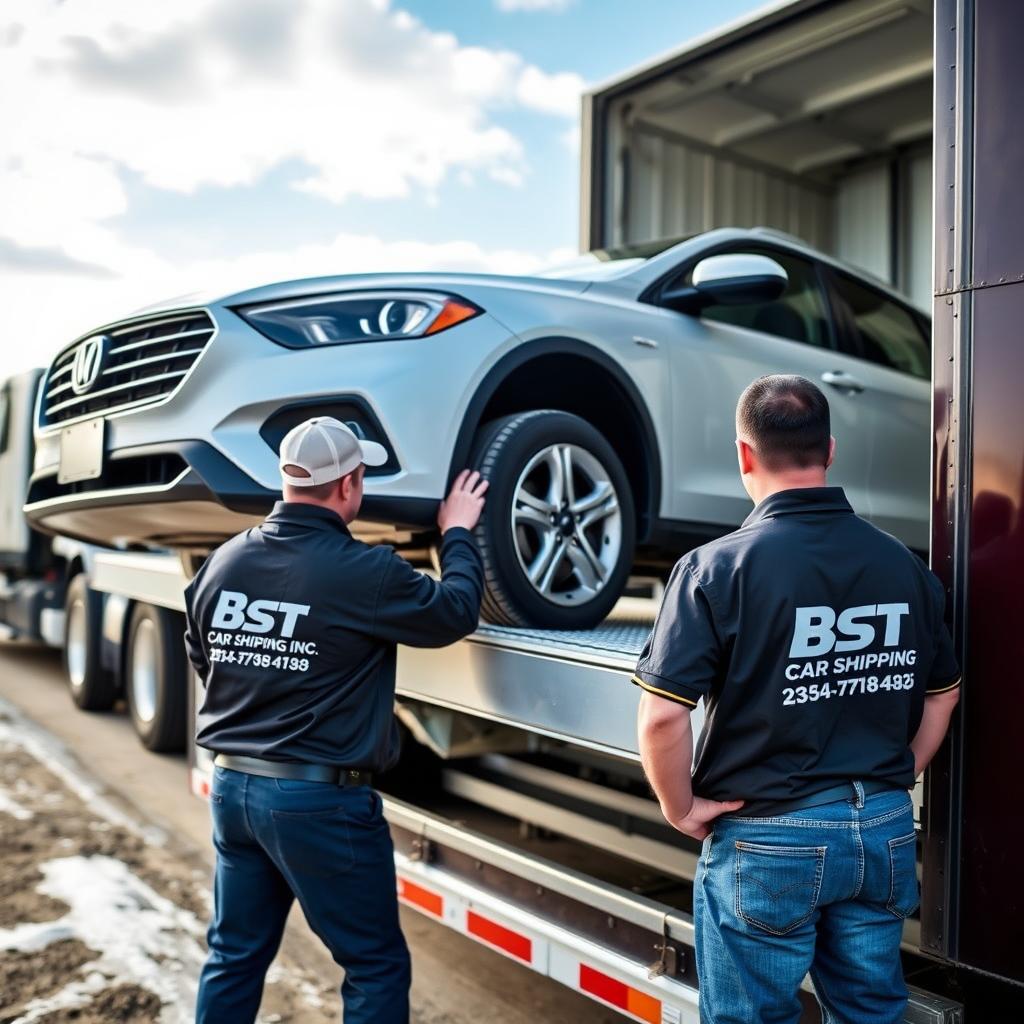 Professional car shipping team loading vehicle onto transport truck in North Dakota Professional car shipping team loading vehicle onto transport truck in North Dakota