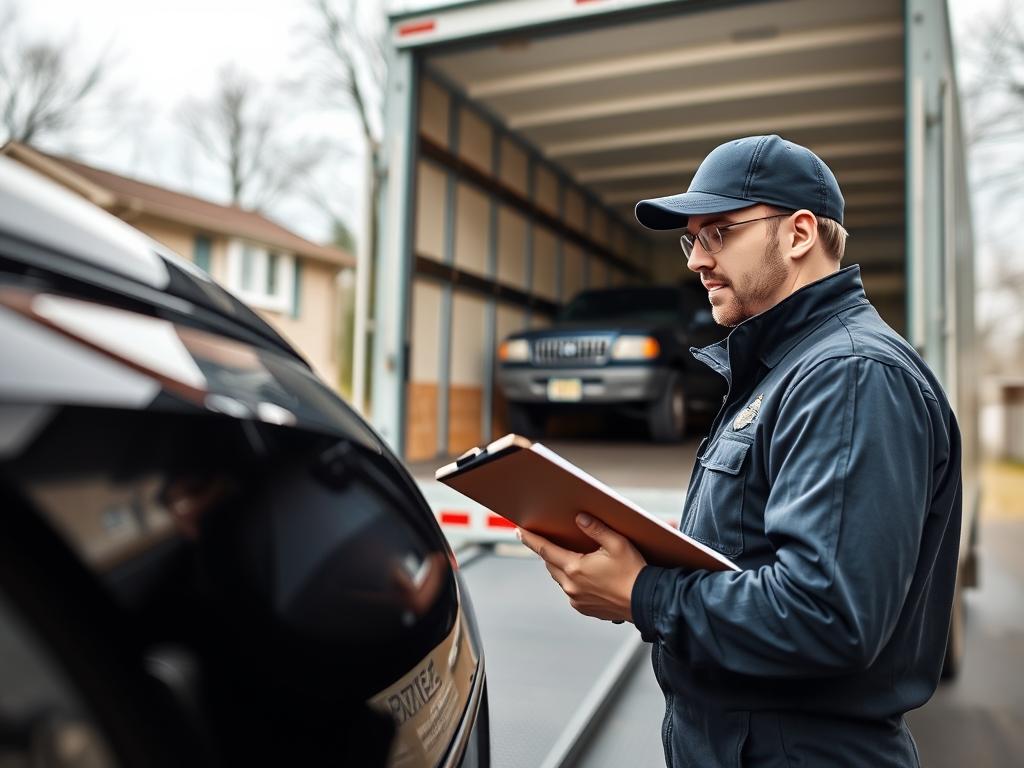 Professional driver inspecting vehicle before New Jersey car shipping pickup Professional driver inspecting vehicle before New Jersey car shipping pickup