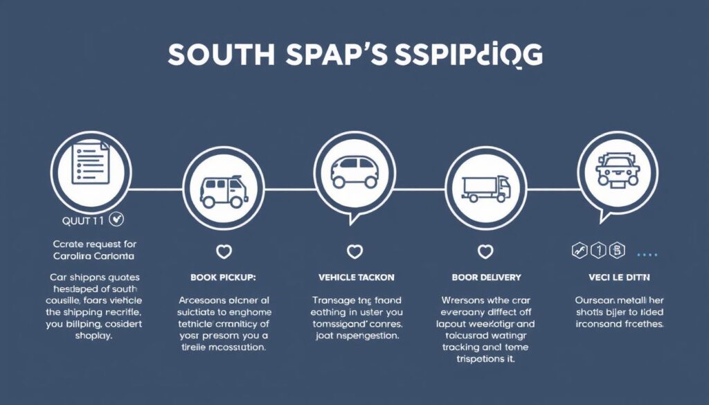 Step-by-step South Carolina car shipping process illustration showing vehicle pickup, transport, and delivery Step-by-step South Carolina car shipping process illustration showing vehicle pickup, transport, and delivery