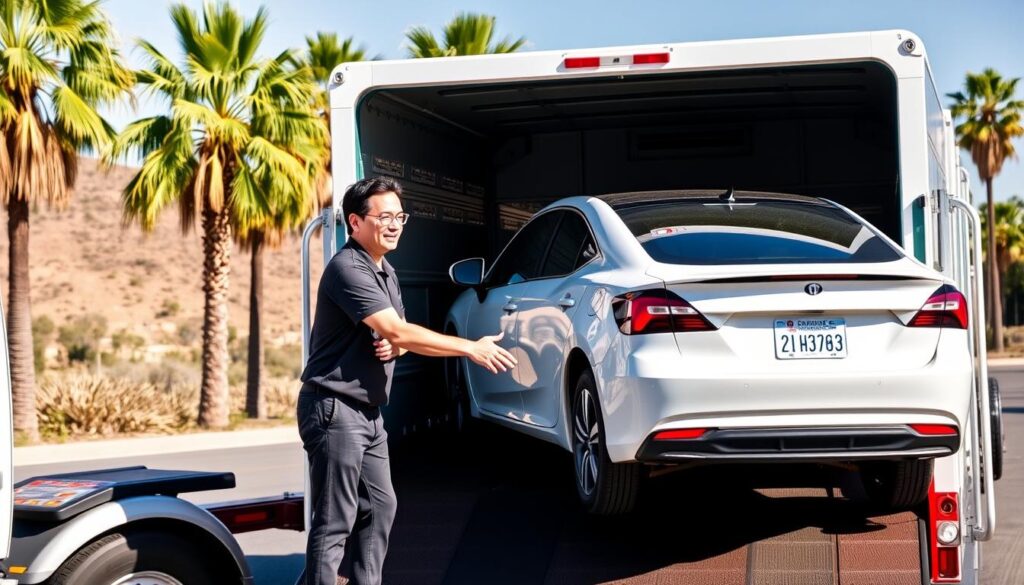 Successful California car shipping delivery with satisfied customer receiving their vehicle Successful California car shipping delivery with satisfied customer receiving their vehicle