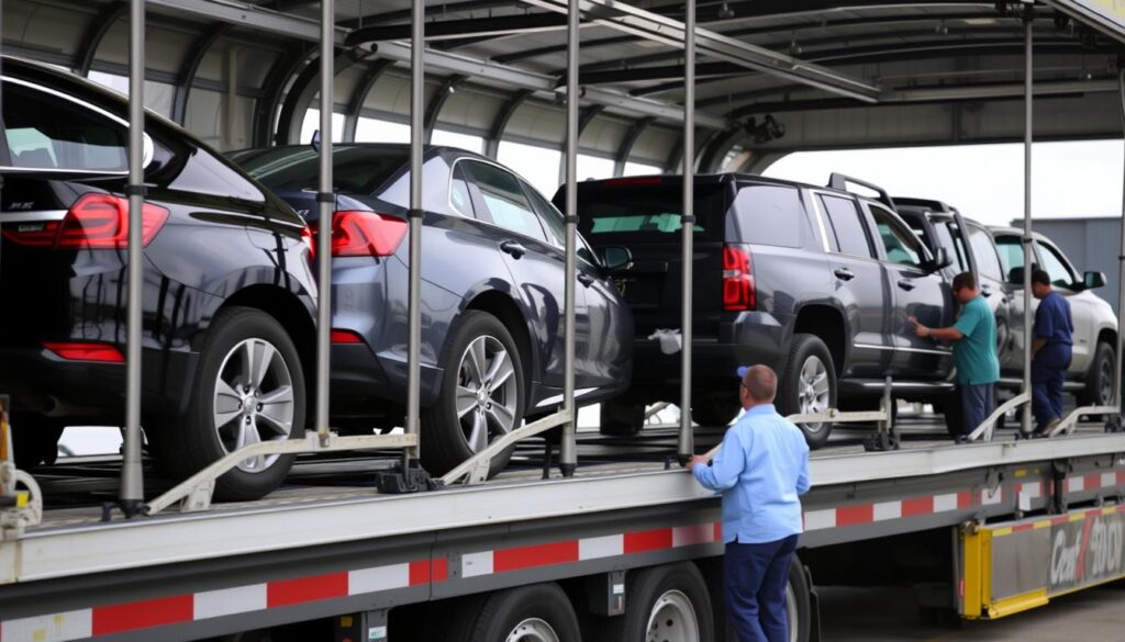 Various vehicle types being loaded for Missouri car shipping Various vehicle types being loaded for Missouri car shipping
