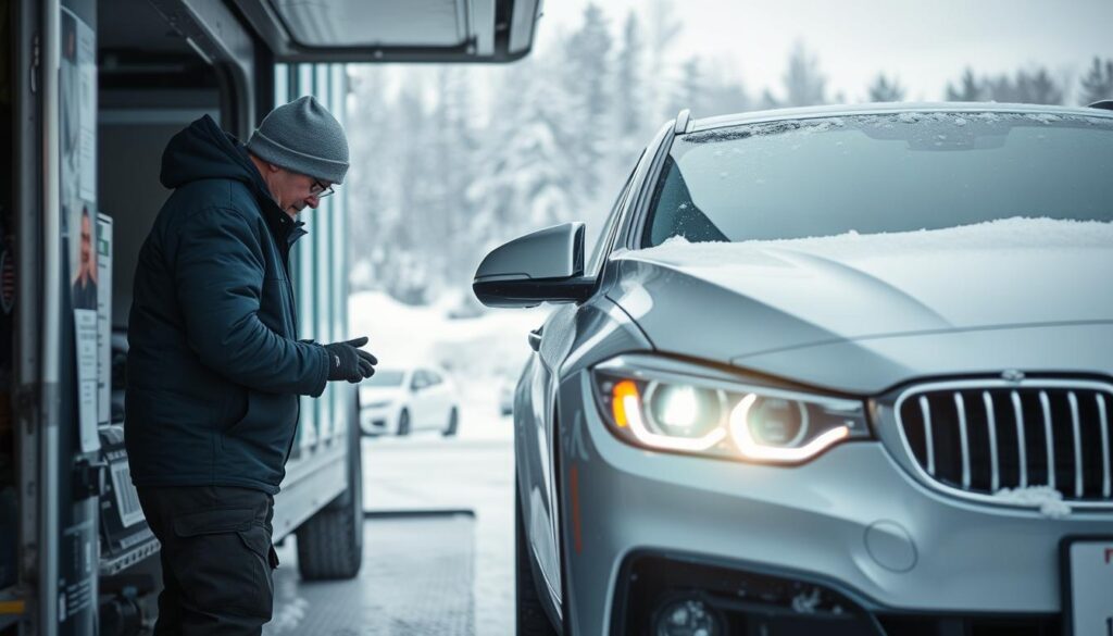 Vehicle being inspected and prepared for winter shipping in Maine Vehicle being inspected and prepared for winter shipping in Maine