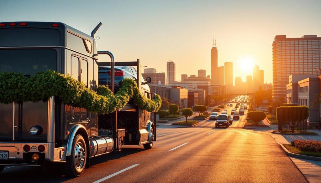 A Garland car shipping scene, captured in a warm, golden hour light. In the foreground, a modern car carrier truck adorned with a lush, vibrant garland, its chrome trim gleaming. The truck stands ready to transport vehicles, conveying a sense of efficiency and care. In the middle ground, the bustling streets of Garland come into view, with well-maintained roads and lush landscaping creating an inviting atmosphere. The background features the distinctive Texas skyline, with towering buildings and a clear, azure sky. The overall composition exudes a professional, yet welcoming vibe, perfectly encapsulating the expertise and attention to detail that defines vehicle transport in Garland. A Garland car shipping scene, captured in a warm, golden hour light. In the foreground, a modern car carrier truck adorned with a lush, vibrant garland, its chrome trim gleaming. The truck stands ready to transport vehicles, conveying a sense of efficiency and care. In the middle ground, the bustling streets of Garland come into view, with well-maintained roads and lush landscaping creating an inviting atmosphere. The background features the distinctive Texas skyline, with towering buildings and a clear, azure sky. The overall composition exudes a professional, yet welcoming vibe, perfectly encapsulating the expertise and attention to detail that defines vehicle transport in Garland.