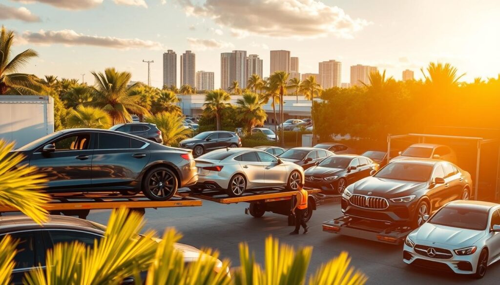 A bustling Coral Springs car shipping yard, bathed in warm afternoon sunlight. In the foreground, sleek new vehicles are carefully loaded onto sturdy car carriers, their gleaming exteriors reflecting the vibrant tropical foliage surrounding the scene. In the middle ground, experienced drivers expertly maneuver the carriers, ensuring each car is secured for safe transport. The background features the modern skyline of Coral Springs, a thriving Florida community known for its reliable auto transport services. The overall mood is one of efficient professionalism, with a touch of the region's signature coastal charm. A bustling Coral Springs car shipping yard, bathed in warm afternoon sunlight. In the foreground, sleek new vehicles are carefully loaded onto sturdy car carriers, their gleaming exteriors reflecting the vibrant tropical foliage surrounding the scene. In the middle ground, experienced drivers expertly maneuver the carriers, ensuring each car is secured for safe transport. The background features the modern skyline of Coral Springs, a thriving Florida community known for its reliable auto transport services. The overall mood is one of efficient professionalism, with a touch of the region's signature coastal charm.