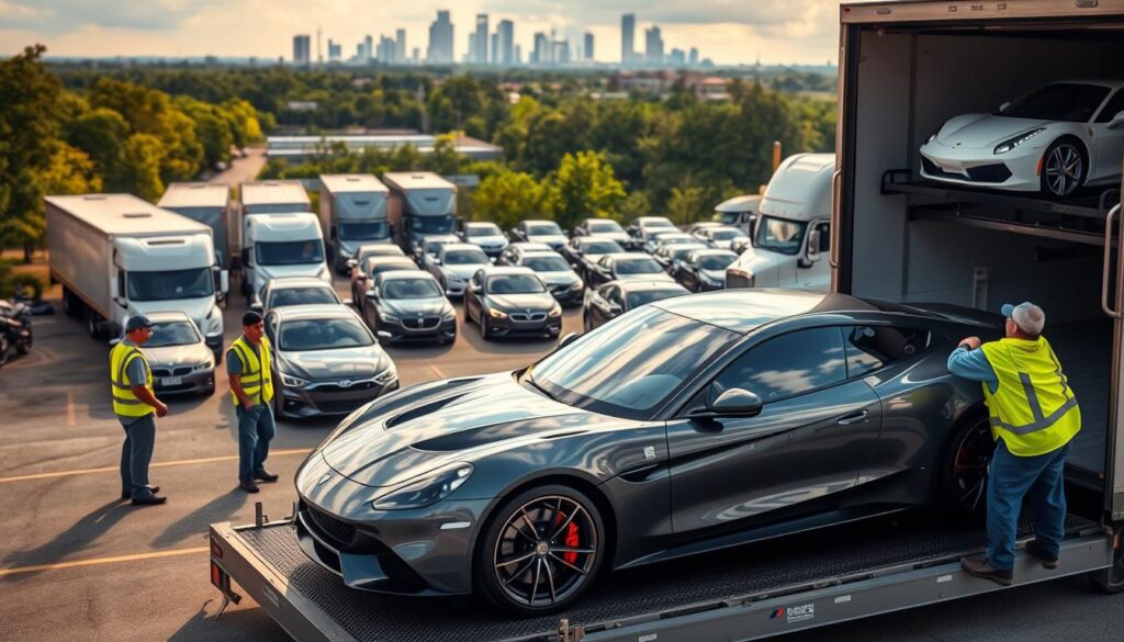 A bustling Gainesville auto transport facility, with a fleet of trucks and trailers transporting a diverse array of vehicles. In the foreground, a gleaming sports car is carefully loaded onto a trailer, surrounded by attentive workers in high-visibility vests. The middle ground features a line of sedans and SUVs awaiting their turn, while in the background, the Gainesville skyline and lush greenery create a picturesque backdrop. Warm, natural lighting casts long shadows, and a shallow depth of field emphasizes the focal point of the sports car. The overall scene conveys the efficiency, expertise, and attention to detail that characterize the best auto transport and car shipping services in Gainesville, Florida. A bustling Gainesville auto transport facility, with a fleet of trucks and trailers transporting a diverse array of vehicles. In the foreground, a gleaming sports car is carefully loaded onto a trailer, surrounded by attentive workers in high-visibility vests. The middle ground features a line of sedans and SUVs awaiting their turn, while in the background, the Gainesville skyline and lush greenery create a picturesque backdrop. Warm, natural lighting casts long shadows, and a shallow depth of field emphasizes the focal point of the sports car. The overall scene conveys the efficiency, expertise, and attention to detail that characterize the best auto transport and car shipping services in Gainesville, Florida.