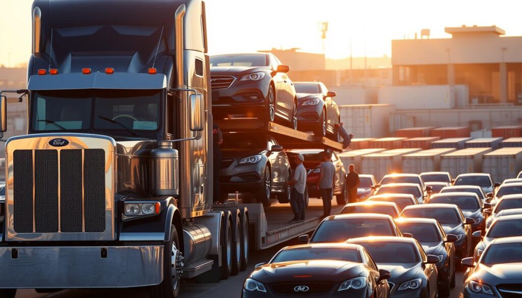 A bustling Harlingen car shipping yard, with rows of vehicles awaiting transport. In the foreground, a large transport truck, its chrome grill and side panels gleaming in the warm, golden sunlight. In the middle ground, a team of skilled workers expertly loading cars onto the truck's trailer, their movements coordinated and efficient. In the background, a cluster of modern shipping containers and office buildings, hinting at the logistics and infrastructure supporting the operation. The scene conveys a sense of reliability, professionalism, and a commitment to safe and secure auto transport, reflecting the expertise and coverage of the Harlingen car shipping services. A bustling Harlingen car shipping yard, with rows of vehicles awaiting transport. In the foreground, a large transport truck, its chrome grill and side panels gleaming in the warm, golden sunlight. In the middle ground, a team of skilled workers expertly loading cars onto the truck's trailer, their movements coordinated and efficient. In the background, a cluster of modern shipping containers and office buildings, hinting at the logistics and infrastructure supporting the operation. The scene conveys a sense of reliability, professionalism, and a commitment to safe and secure auto transport, reflecting the expertise and coverage of the Harlingen car shipping services.