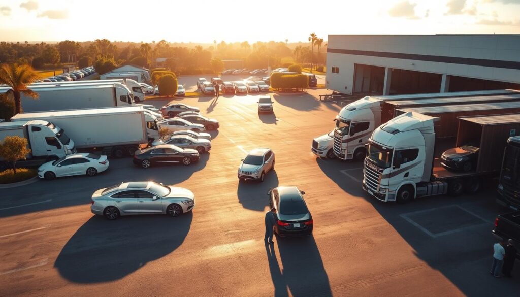 A bustling Plantation auto shipping yard, with a fleet of well-maintained carrier trucks loading and unloading vehicles. The scene is bathed in warm, golden sunlight, casting long shadows across the asphalt. In the foreground, a team of skilled drivers meticulously secures cars onto the transport trailers, ensuring safe and timely delivery. The middle ground features a mix of sedans, SUVs, and trucks awaiting their turn, while the background showcases the verdant landscaping and sleek, modern facility that embodies the professionalism of the local auto transport company. The overall atmosphere conveys a sense of efficiency, reliability, and attention to detail that reflects the trusted service offered to Plantation residents. A bustling Plantation auto shipping yard, with a fleet of well-maintained carrier trucks loading and unloading vehicles. The scene is bathed in warm, golden sunlight, casting long shadows across the asphalt. In the foreground, a team of skilled drivers meticulously secures cars onto the transport trailers, ensuring safe and timely delivery. The middle ground features a mix of sedans, SUVs, and trucks awaiting their turn, while the background showcases the verdant landscaping and sleek, modern facility that embodies the professionalism of the local auto transport company. The overall atmosphere conveys a sense of efficiency, reliability, and attention to detail that reflects the trusted service offered to Plantation residents.