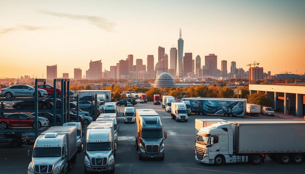 A bustling San Antonio auto transport hub, with towering car carriers in the foreground and a fleet of specialized transport trucks maneuvering in the middle ground. In the background, the iconic skyline of San Antonio's downtown rises, bathed in warm, golden afternoon light. The scene exudes a sense of efficiency and reliability, reflecting the expertise of Best Car Shipping in providing trusted auto transport services to the local community. A bustling San Antonio auto transport hub, with towering car carriers in the foreground and a fleet of specialized transport trucks maneuvering in the middle ground. In the background, the iconic skyline of San Antonio's downtown rises, bathed in warm, golden afternoon light. The scene exudes a sense of efficiency and reliability, reflecting the expertise of Best Car Shipping in providing trusted auto transport services to the local community.