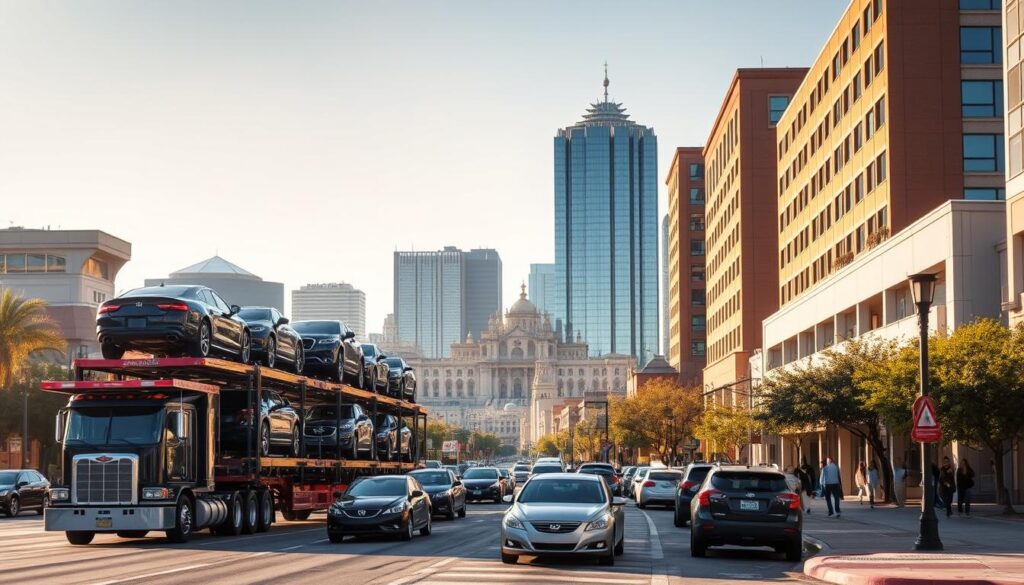 A bustling San Antonio street, bathed in warm afternoon sunlight. In the foreground, a car carrier truck stands tall, its trailer loaded with a diverse array of vehicles, their chrome gleaming. In the middle ground, cars line the curb, awaiting pickup or delivery, while pedestrians stroll along the sidewalk. In the background, the iconic San Antonio skyline rises, its towering skyscrapers and historic landmarks creating a vibrant urban backdrop. The scene conveys a sense of efficiency, reliability, and the seamless integration of auto transport services within the city's thriving infrastructure. A bustling San Antonio street, bathed in warm afternoon sunlight. In the foreground, a car carrier truck stands tall, its trailer loaded with a diverse array of vehicles, their chrome gleaming. In the middle ground, cars line the curb, awaiting pickup or delivery, while pedestrians stroll along the sidewalk. In the background, the iconic San Antonio skyline rises, its towering skyscrapers and historic landmarks creating a vibrant urban backdrop. The scene conveys a sense of efficiency, reliability, and the seamless integration of auto transport services within the city's thriving infrastructure.