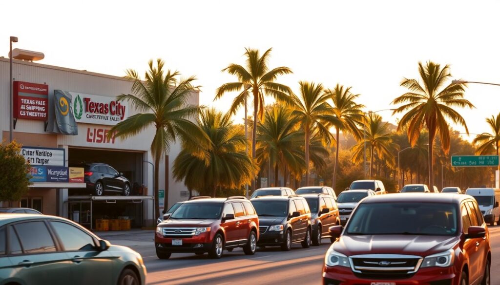 A bustling Texas City street, with a prominent car shipping facility in the foreground. The building is adorned with signage and logos, conveying a sense of professionalism and reliability. In the middle ground, several transport trucks are loading and unloading vehicles, their vibrant colors and reflective surfaces adding visual interest. The background is filled with towering palm trees swaying gently in the warm Texas breeze, creating a sense of tranquility and regional identity. The lighting is warm and natural, casting a golden glow over the scene and highlighting the sheen of the cars being transported. The overall composition suggests efficiency, trustworthiness, and the pride of Texas City's automotive shipping industry. A bustling Texas City street, with a prominent car shipping facility in the foreground. The building is adorned with signage and logos, conveying a sense of professionalism and reliability. In the middle ground, several transport trucks are loading and unloading vehicles, their vibrant colors and reflective surfaces adding visual interest. The background is filled with towering palm trees swaying gently in the warm Texas breeze, creating a sense of tranquility and regional identity. The lighting is warm and natural, casting a golden glow over the scene and highlighting the sheen of the cars being transported. The overall composition suggests efficiency, trustworthiness, and the pride of Texas City's automotive shipping industry.