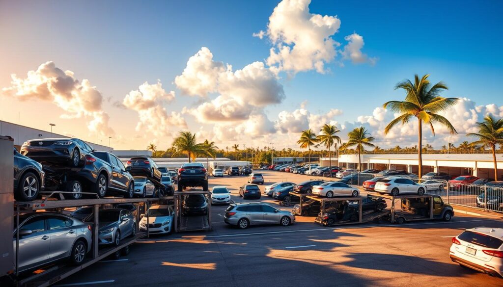 A bustling auto shipping hub in Boynton Beach, Florida. In the foreground, a fleet of car carriers, their hydraulic ramps extended, loading and unloading a diverse array of vehicles - sedans, SUVs, and even the occasional classic car. The midground features the sun-dappled facility, with its secure fenced perimeter and well-organized storage lots. In the background, palm trees sway gently, and the clear blue sky is dotted with fluffy white clouds, creating a serene, tropical atmosphere. Warm, golden lighting bathes the scene, conveying a sense of efficiency and reliability in this crucial node of the regional automotive transportation network. A bustling auto shipping hub in Boynton Beach, Florida. In the foreground, a fleet of car carriers, their hydraulic ramps extended, loading and unloading a diverse array of vehicles - sedans, SUVs, and even the occasional classic car. The midground features the sun-dappled facility, with its secure fenced perimeter and well-organized storage lots. In the background, palm trees sway gently, and the clear blue sky is dotted with fluffy white clouds, creating a serene, tropical atmosphere. Warm, golden lighting bathes the scene, conveying a sense of efficiency and reliability in this crucial node of the regional automotive transportation network.