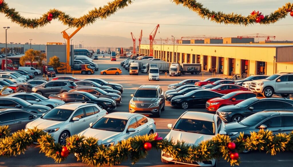 A bustling auto transport and car shipping center in Garland, showcased in a vibrant, festive garland of automobiles. The foreground features a diverse fleet of vehicles, including sedans, SUVs, and classic cars, artfully arranged in a decorative pattern. The middle ground depicts the well-equipped shipping facility, with cranes and loading docks in the background, all bathed in warm, golden light. The scene conveys a sense of efficiency, reliability, and the celebration of the car shipping industry. The composition is balanced, with a touch of whimsy, capturing the essence of "Expert Auto Transport and Car Shipping in Garland." A bustling auto transport and car shipping center in Garland, showcased in a vibrant, festive garland of automobiles. The foreground features a diverse fleet of vehicles, including sedans, SUVs, and classic cars, artfully arranged in a decorative pattern. The middle ground depicts the well-equipped shipping facility, with cranes and loading docks in the background, all bathed in warm, golden light. The scene conveys a sense of efficiency, reliability, and the celebration of the car shipping industry. The composition is balanced, with a touch of whimsy, capturing the essence of "Expert Auto Transport and Car Shipping in Garland."