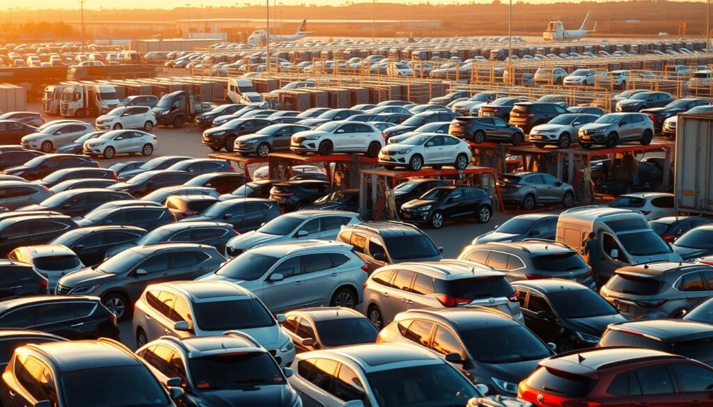 A bustling auto transport depot at golden hour, illuminated by warm, directional lighting. In the foreground, a fleet of diverse vehicles - from sedans to SUVs - await their turn to be loaded onto specialized car carriers. The middle ground showcases the intricate loading process, with skilled operators maneuvering the vehicles onto the carriers with precision. In the background, rows of stacked car carriers stand ready to depart, creating a sense of organized efficiency. The overall atmosphere conveys a well-orchestrated, professional approach to car transportation, ideal for illustrating a comprehensive shipping strategy. A bustling auto transport depot at golden hour, illuminated by warm, directional lighting. In the foreground, a fleet of diverse vehicles - from sedans to SUVs - await their turn to be loaded onto specialized car carriers. The middle ground showcases the intricate loading process, with skilled operators maneuvering the vehicles onto the carriers with precision. In the background, rows of stacked car carriers stand ready to depart, creating a sense of organized efficiency. The overall atmosphere conveys a well-orchestrated, professional approach to car transportation, ideal for illustrating a comprehensive shipping strategy.