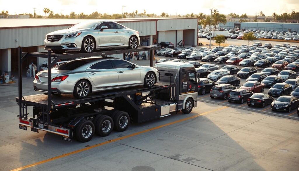 A bustling auto transport facility in Hialeah, Florida. In the foreground, a large car carrier truck is loading a sleek, silver sedan onto its multi-level trailer. The truck's powerful engine and sturdy frame convey a sense of reliable, efficient transportation. In the middle ground, several other transport trucks are waiting their turn, their cargo of various makes and models ready to be delivered. The background features a well-organized storage lot, with rows of cars neatly arranged, ready for shipment to their final destinations. The scene is illuminated by warm, natural lighting, casting a welcoming glow over the entire operation. The atmosphere exudes professionalism, attention to detail, and a commitment to providing top-notch auto transport services to the Hialeah community. A bustling auto transport facility in Hialeah, Florida. In the foreground, a large car carrier truck is loading a sleek, silver sedan onto its multi-level trailer. The truck's powerful engine and sturdy frame convey a sense of reliable, efficient transportation. In the middle ground, several other transport trucks are waiting their turn, their cargo of various makes and models ready to be delivered. The background features a well-organized storage lot, with rows of cars neatly arranged, ready for shipment to their final destinations. The scene is illuminated by warm, natural lighting, casting a welcoming glow over the entire operation. The atmosphere exudes professionalism, attention to detail, and a commitment to providing top-notch auto transport services to the Hialeah community.