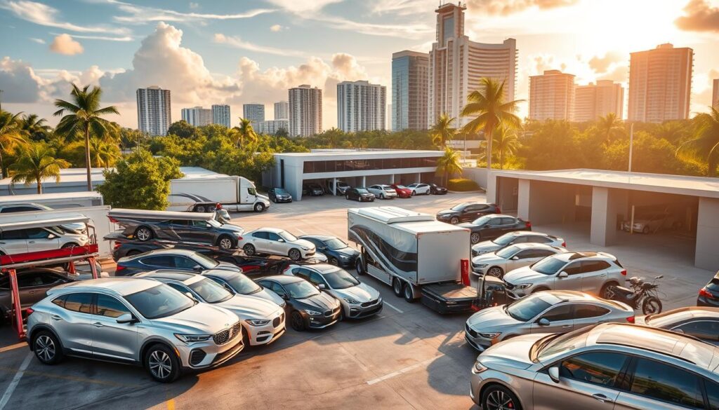A bustling auto transport hub in Doral, Florida. In the foreground, a fleet of car carriers and transport trucks, their cargo of gleaming sedans, SUVs, and sports cars secured for delivery. In the middle ground, a modern auto logistics facility with sleek, glass-fronted offices and a well-organized loading yard. The background features the lush, tropical foliage and towering skyscrapers that define Doral's dynamic cityscape. Warm, golden sunlight filters through wispy clouds, casting a vibrant glow over the scene. The overall atmosphere conveys the efficiency, professionalism, and attention to detail that characterizes the best in auto transport and car shipping services. A bustling auto transport hub in Doral, Florida. In the foreground, a fleet of car carriers and transport trucks, their cargo of gleaming sedans, SUVs, and sports cars secured for delivery. In the middle ground, a modern auto logistics facility with sleek, glass-fronted offices and a well-organized loading yard. The background features the lush, tropical foliage and towering skyscrapers that define Doral's dynamic cityscape. Warm, golden sunlight filters through wispy clouds, casting a vibrant glow over the scene. The overall atmosphere conveys the efficiency, professionalism, and attention to detail that characterizes the best in auto transport and car shipping services.