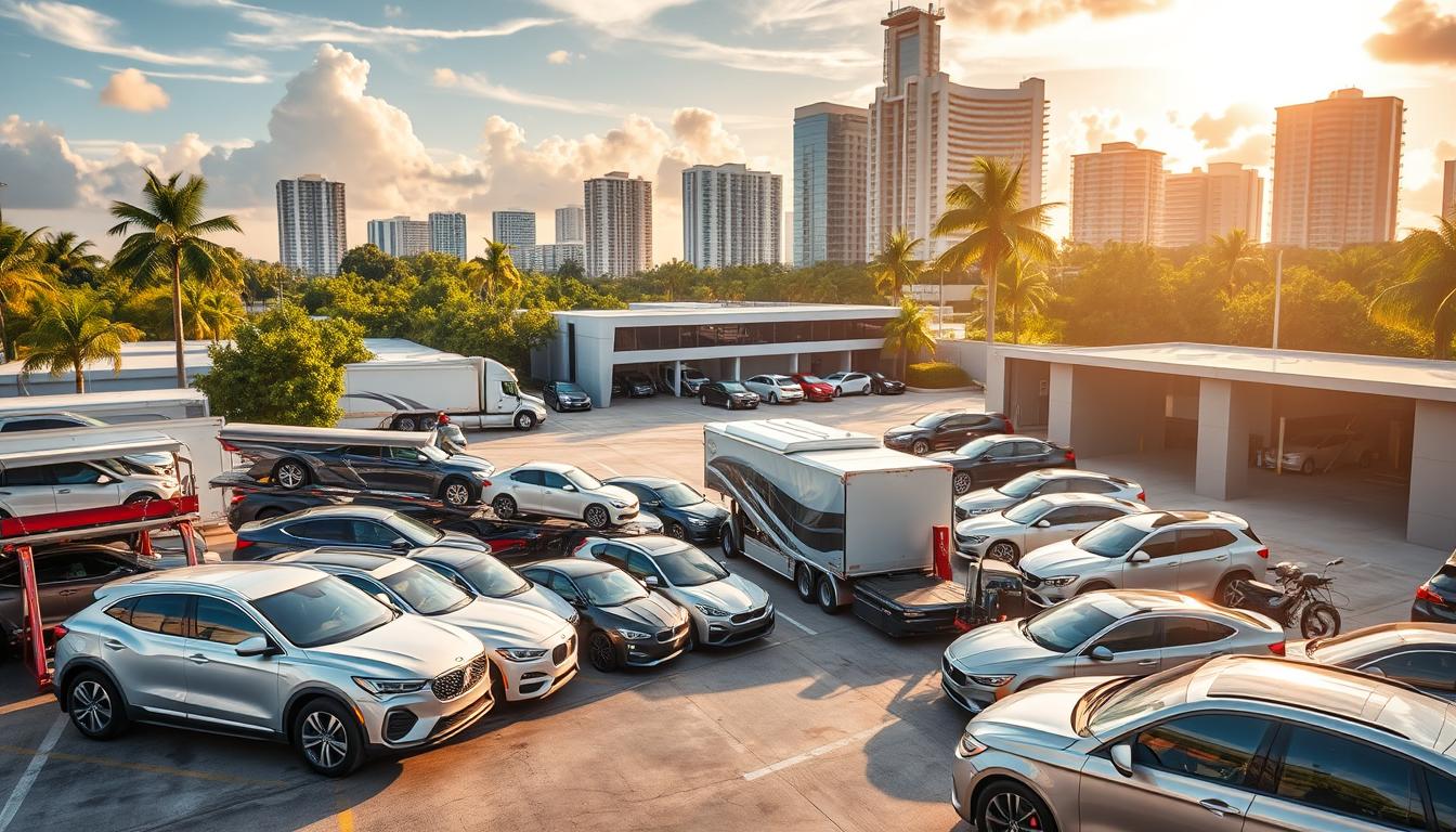 A bustling auto transport hub in Doral, Florida. In the foreground, a fleet of car carriers and transport trucks, their cargo of gleaming sedans, SUVs, and sports cars secured for delivery. In the middle ground, a modern auto logistics facility with sleek, glass-fronted offices and a well-organized loading yard. The background features the lush, tropical foliage and towering skyscrapers that define Doral's dynamic cityscape. Warm, golden sunlight filters through wispy clouds, casting a vibrant glow over the scene. The overall atmosphere conveys the efficiency, professionalism, and attention to detail that characterizes the best in auto transport and car shipping services.