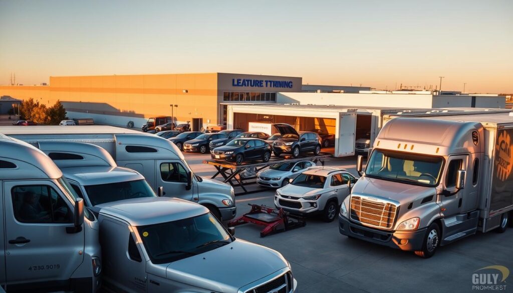 A bustling auto transport hub in League City, with several car carriers parked in the foreground, their chrome-accented trailers gleaming under the warm afternoon sun. In the middle ground, a group of vehicles being loaded onto the carriers, their drivers overseeing the process. In the background, a modern warehouse and office complex, with signage indicating the company's name and branding. The scene conveys a sense of efficiency, professionalism, and the reliable car shipping services offered in this vibrant city. A bustling auto transport hub in League City, with several car carriers parked in the foreground, their chrome-accented trailers gleaming under the warm afternoon sun. In the middle ground, a group of vehicles being loaded onto the carriers, their drivers overseeing the process. In the background, a modern warehouse and office complex, with signage indicating the company's name and branding. The scene conveys a sense of efficiency, professionalism, and the reliable car shipping services offered in this vibrant city.