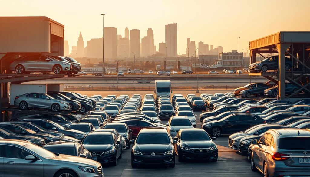 A bustling auto transport hub in Rowlett, Texas, with towering car carriers unloading their cargo onto the lot. In the foreground, a fleet of shiny sedans and SUVs await their final destinations, ready to be delivered to eager customers. The mid-ground features a well-organized staging area, with trained professionals efficiently coordinating the flow of vehicles. In the background, the city skyline adds a sense of urban energy, complementing the industrial nature of the scene. Warm, diffused lighting casts a golden glow, creating an atmosphere of reliable, trustworthy service. The entire composition conveys the reliable and streamlined nature of Rowlett's auto transport and car shipping industry. A bustling auto transport hub in Rowlett, Texas, with towering car carriers unloading their cargo onto the lot. In the foreground, a fleet of shiny sedans and SUVs await their final destinations, ready to be delivered to eager customers. The mid-ground features a well-organized staging area, with trained professionals efficiently coordinating the flow of vehicles. In the background, the city skyline adds a sense of urban energy, complementing the industrial nature of the scene. Warm, diffused lighting casts a golden glow, creating an atmosphere of reliable, trustworthy service. The entire composition conveys the reliable and streamlined nature of Rowlett's auto transport and car shipping industry.