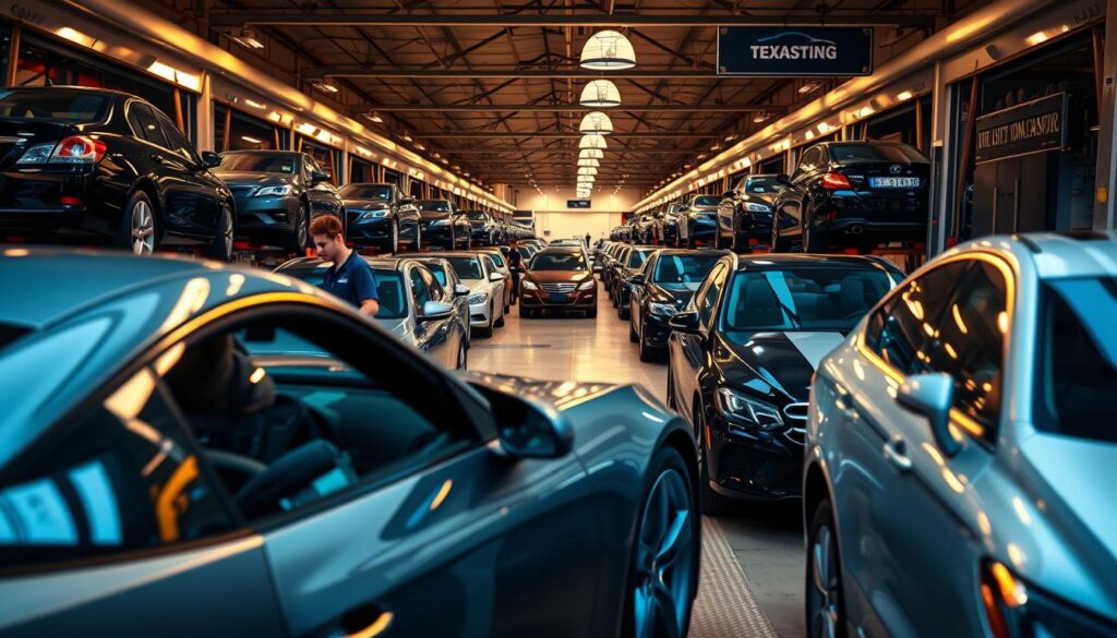 A bustling auto transport hub in Texas City, with gleaming car carriers and skilled technicians efficiently loading and securing a diverse fleet of vehicles. In the foreground, a sleek sports car is meticulously inspected, its chrome details shining under the warm, diffused lighting. In the middle ground, a row of sedans and SUVs await their turn, the drivers' faces visible through the tinted windows. In the background, the facility's modern architecture and signage convey a sense of professionalism and reliability. The scene is captured with a wide-angle lens, emphasizing the scale and efficiency of the operation, while a subtle depth of field blur creates a sense of depth and focus. A bustling auto transport hub in Texas City, with gleaming car carriers and skilled technicians efficiently loading and securing a diverse fleet of vehicles. In the foreground, a sleek sports car is meticulously inspected, its chrome details shining under the warm, diffused lighting. In the middle ground, a row of sedans and SUVs await their turn, the drivers' faces visible through the tinted windows. In the background, the facility's modern architecture and signage convey a sense of professionalism and reliability. The scene is captured with a wide-angle lens, emphasizing the scale and efficiency of the operation, while a subtle depth of field blur creates a sense of depth and focus.