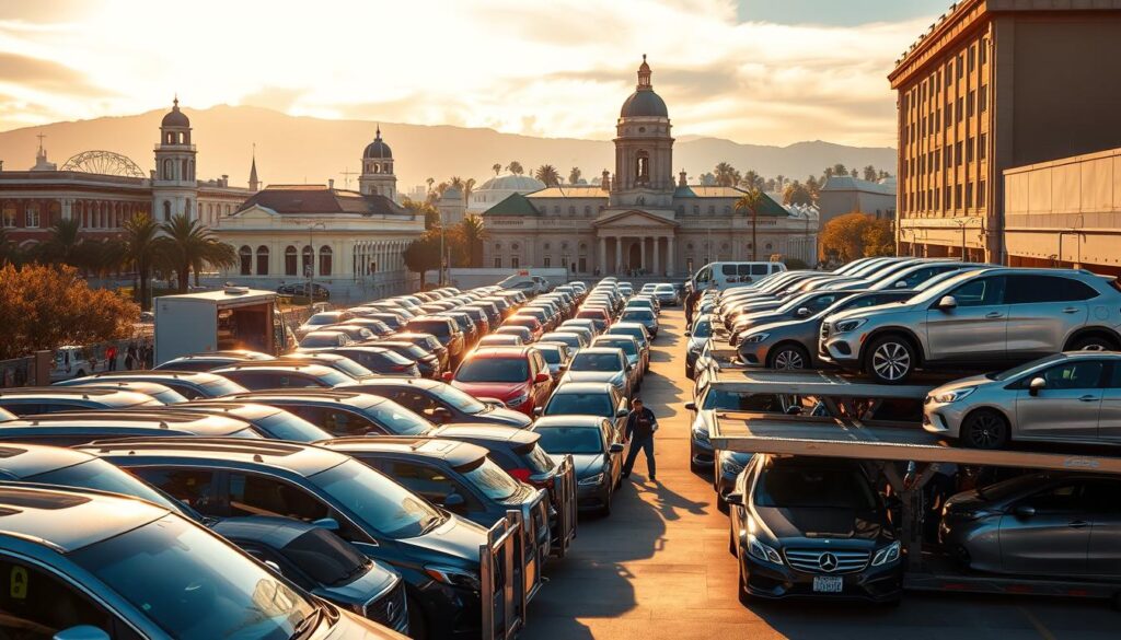 A bustling auto transport hub in the heart of Pasadena, California. In the foreground, a fleet of gleaming car carriers stand ready to transport vehicles of all makes and models. The midground features a busy loading zone, with drivers expertly maneuvering cars onto the carriers using hydraulic lifts. In the background, the iconic architecture of Pasadena's historic buildings provides a picturesque backdrop, bathed in warm, golden sunlight filtering through wispy clouds. The scene conveys a sense of efficiency, professionalism, and the vibrant transportation hub that is central to the city's automotive industry. A bustling auto transport hub in the heart of Pasadena, California. In the foreground, a fleet of gleaming car carriers stand ready to transport vehicles of all makes and models. The midground features a busy loading zone, with drivers expertly maneuvering cars onto the carriers using hydraulic lifts. In the background, the iconic architecture of Pasadena's historic buildings provides a picturesque backdrop, bathed in warm, golden sunlight filtering through wispy clouds. The scene conveys a sense of efficiency, professionalism, and the vibrant transportation hub that is central to the city's automotive industry.