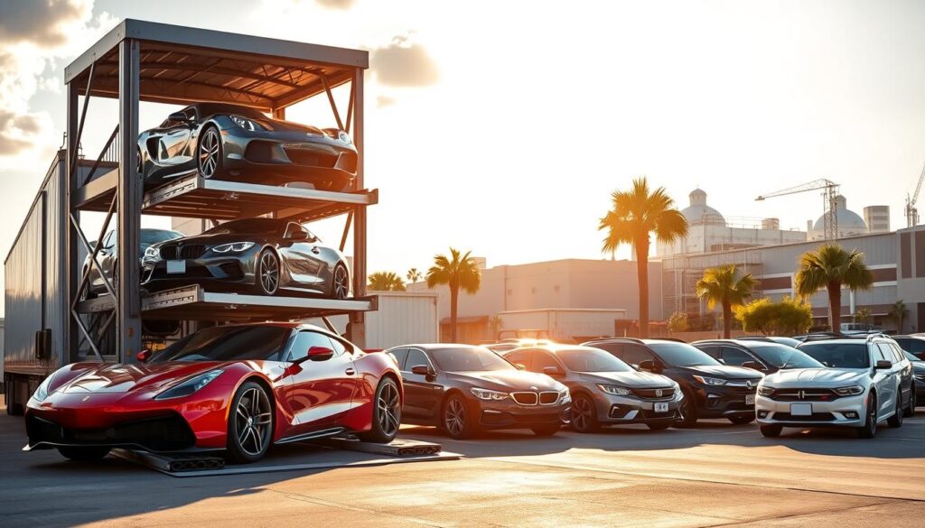 A bustling auto transport hub in the heart of Texarkana, where towering car carriers stand ready to safely ferry a diverse fleet of vehicles. The foreground showcases a gleaming sports car being meticulously loaded onto the carrier, its sleek lines and vibrant hue catching the warm afternoon sunlight. In the middle ground, a line of sedans and SUVs await their turn, their owners overseeing the process with an air of confidence. The background is dotted with the familiar silhouettes of industrial warehouses and the occasional palm tree, setting the scene in the lush, subtropical climate of the region. The overall atmosphere conveys a sense of efficiency, professionalism, and the reliable transportation of cherished automobiles. A bustling auto transport hub in the heart of Texarkana, where towering car carriers stand ready to safely ferry a diverse fleet of vehicles. The foreground showcases a gleaming sports car being meticulously loaded onto the carrier, its sleek lines and vibrant hue catching the warm afternoon sunlight. In the middle ground, a line of sedans and SUVs await their turn, their owners overseeing the process with an air of confidence. The background is dotted with the familiar silhouettes of industrial warehouses and the occasional palm tree, setting the scene in the lush, subtropical climate of the region. The overall atmosphere conveys a sense of efficiency, professionalism, and the reliable transportation of cherished automobiles.