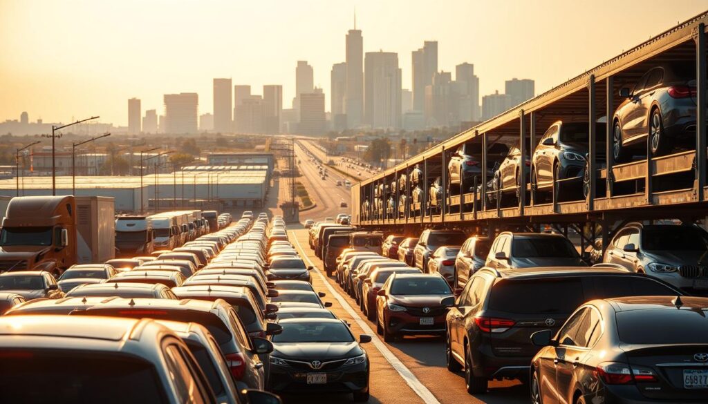 A bustling auto transport hub nestled in the heart of Grand Prairie, where towering car carriers glide along the sun-dappled streets. In the foreground, a fleet of gleaming sedans and SUVs await their journey, their polished exteriors reflecting the vibrant cityscape. The middle ground reveals a well-organized logistics operation, with workers efficiently loading and unloading vehicles. In the background, the skyline of Grand Prairie rises, a testament to the city's thriving economy and strategic location. Soft, diffused lighting casts a warm glow, creating an atmosphere of efficiency and professionalism that embodies the city's reputation as an ideal destination for car shipping. A bustling auto transport hub nestled in the heart of Grand Prairie, where towering car carriers glide along the sun-dappled streets. In the foreground, a fleet of gleaming sedans and SUVs await their journey, their polished exteriors reflecting the vibrant cityscape. The middle ground reveals a well-organized logistics operation, with workers efficiently loading and unloading vehicles. In the background, the skyline of Grand Prairie rises, a testament to the city's thriving economy and strategic location. Soft, diffused lighting casts a warm glow, creating an atmosphere of efficiency and professionalism that embodies the city's reputation as an ideal destination for car shipping.