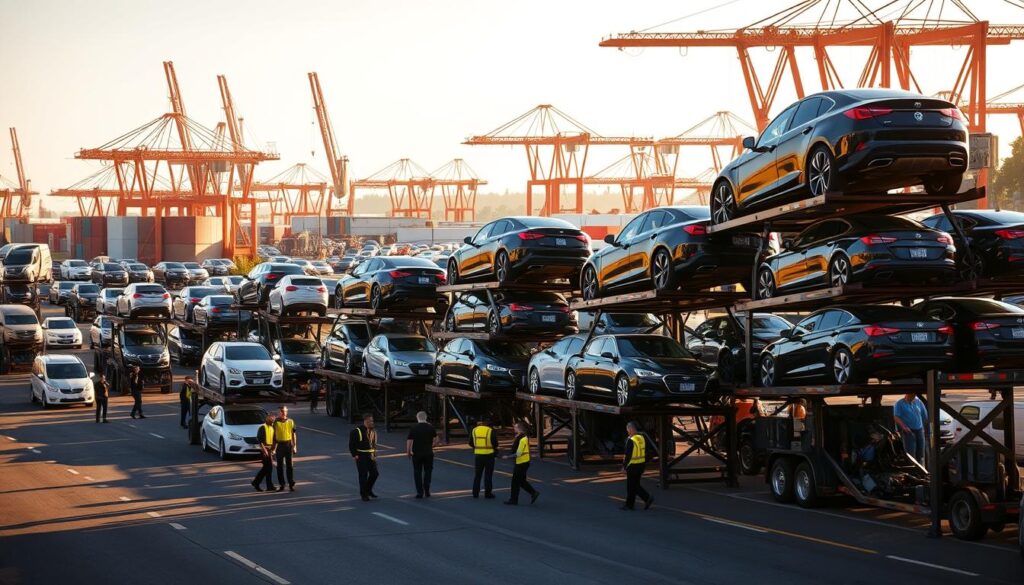 A bustling auto transport hub, with rows of car carriers stacked high, their cargo of gleaming vehicles ready for delivery. The scene is bathed in warm, golden light, casting long shadows across the asphalt. In the foreground, a team of skilled operators expertly maneuver the cars onto the carriers, their practiced motions a testament to the precision of their work. The background is filled with the towering cranes and storage facilities of a modern logistics center, hinting at the scale and efficiency of the car shipping industry. The overall atmosphere conveys a sense of reliable, professional service – the kind that car owners in Portland can trust to transport their vehicles with care. A bustling auto transport hub, with rows of car carriers stacked high, their cargo of gleaming vehicles ready for delivery. The scene is bathed in warm, golden light, casting long shadows across the asphalt. In the foreground, a team of skilled operators expertly maneuver the cars onto the carriers, their practiced motions a testament to the precision of their work. The background is filled with the towering cranes and storage facilities of a modern logistics center, hinting at the scale and efficiency of the car shipping industry. The overall atmosphere conveys a sense of reliable, professional service – the kind that car owners in Portland can trust to transport their vehicles with care.