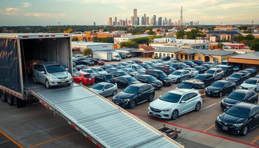 A bustling auto transport lot in Tomball, Texas, with rows of diverse vehicles waiting to be shipped across the country. In the foreground, a gleaming car carrier trailer stands ready, its hydraulic ramps extended, preparing to load the next set of automobiles. The middle ground is filled with neatly organized cars, vans, and SUVs, each meticulously prepared for their journeys. In the background, the Tomball skyline rises, with its mix of modern commercial buildings and quaint historic structures, bathed in the warm glow of the afternoon sun. The scene conveys a sense of efficient, reliable, and trustworthy auto transport services, catering to the needs of the local community and beyond. A bustling auto transport lot in Tomball, Texas, with rows of diverse vehicles waiting to be shipped across the country. In the foreground, a gleaming car carrier trailer stands ready, its hydraulic ramps extended, preparing to load the next set of automobiles. The middle ground is filled with neatly organized cars, vans, and SUVs, each meticulously prepared for their journeys. In the background, the Tomball skyline rises, with its mix of modern commercial buildings and quaint historic structures, bathed in the warm glow of the afternoon sun. The scene conveys a sense of efficient, reliable, and trustworthy auto transport services, catering to the needs of the local community and beyond.