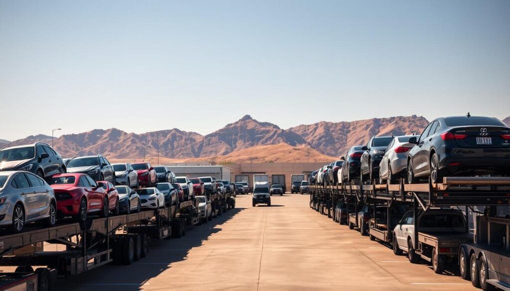 A bustling auto transport terminal in El Paso, Texas. In the foreground, several large car carriers loaded with a diverse fleet of vehicles, from sedans to SUVs, await their next destination. The middle ground features a well-organized staging area, with efficient loading and unloading operations in progress. In the background, the iconic Franklin Mountains provide a striking natural backdrop, bathed in the warm, golden light of the southwestern sun. The scene conveys a sense of professionalism, reliability, and the integral role that auto transport plays in the vibrant economy of El Paso. A bustling auto transport terminal in El Paso, Texas. In the foreground, several large car carriers loaded with a diverse fleet of vehicles, from sedans to SUVs, await their next destination. The middle ground features a well-organized staging area, with efficient loading and unloading operations in progress. In the background, the iconic Franklin Mountains provide a striking natural backdrop, bathed in the warm, golden light of the southwestern sun. The scene conveys a sense of professionalism, reliability, and the integral role that auto transport plays in the vibrant economy of El Paso.