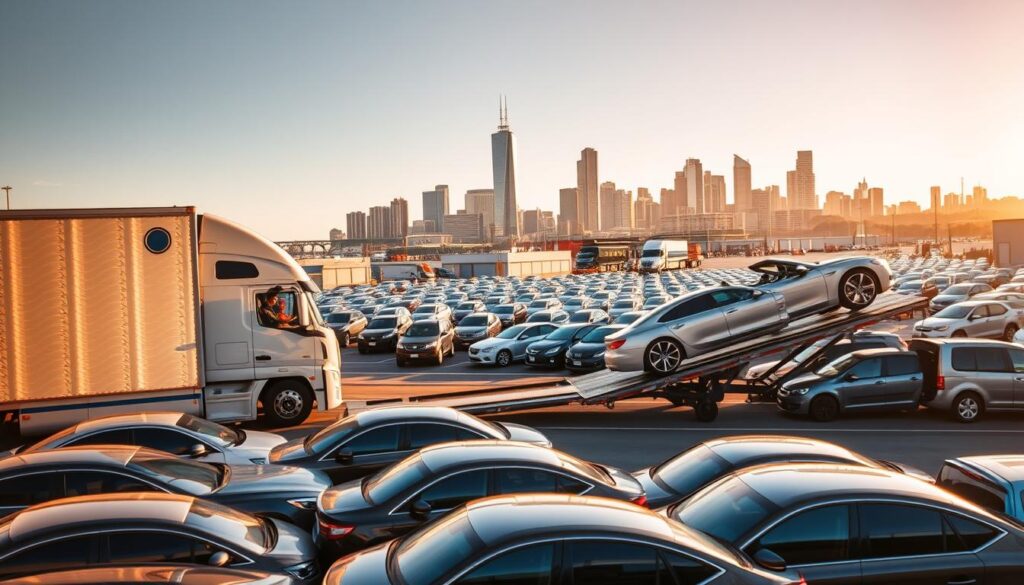 A bustling auto transport yard in Bellaire, with rows of gleaming vehicles awaiting delivery. In the foreground, a large semi-truck carefully loads a luxury sedan onto its trailer, the driver guiding it with precision. The middle ground features a mix of cars, SUVs, and trucks, neatly organized and ready for transport. In the background, the Bellaire skyline rises, a blend of modern skyscrapers and historic architecture. The scene is bathed in warm, golden sunlight, casting long shadows and creating a sense of energy and efficiency. The overall atmosphere conveys the reliable, professional nature of the auto transport services available in Bellaire. A bustling auto transport yard in Bellaire, with rows of gleaming vehicles awaiting delivery. In the foreground, a large semi-truck carefully loads a luxury sedan onto its trailer, the driver guiding it with precision. The middle ground features a mix of cars, SUVs, and trucks, neatly organized and ready for transport. In the background, the Bellaire skyline rises, a blend of modern skyscrapers and historic architecture. The scene is bathed in warm, golden sunlight, casting long shadows and creating a sense of energy and efficiency. The overall atmosphere conveys the reliable, professional nature of the auto transport services available in Bellaire.