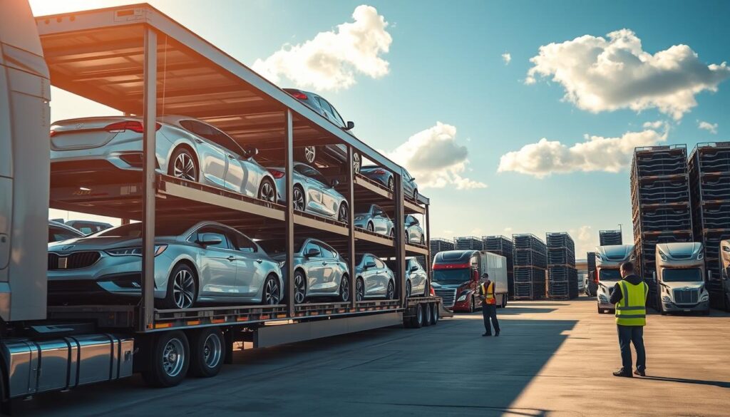 A bustling auto transport yard in Rosenberg, Texas. In the foreground, a gleaming car carrier truck loads up a fleet of shiny new vehicles, its hydraulic lift mechanism smoothly raising each car onto the multi-level trailer. In the middle ground, workers in reflective vests expertly guide the loading process, ensuring efficient and secure transport. In the background, the yard is dotted with other transport trucks and stacks of empty car carriers, all set against a backdrop of blue skies and a few fluffy white clouds. Warm, golden sunlight bathes the scene, evoking a sense of reliable, well-oiled logistics. The overall atmosphere conveys the professionalism and attention to detail that defines auto transport and car shipping in Rosenberg. A bustling auto transport yard in Rosenberg, Texas. In the foreground, a gleaming car carrier truck loads up a fleet of shiny new vehicles, its hydraulic lift mechanism smoothly raising each car onto the multi-level trailer. In the middle ground, workers in reflective vests expertly guide the loading process, ensuring efficient and secure transport. In the background, the yard is dotted with other transport trucks and stacks of empty car carriers, all set against a backdrop of blue skies and a few fluffy white clouds. Warm, golden sunlight bathes the scene, evoking a sense of reliable, well-oiled logistics. The overall atmosphere conveys the professionalism and attention to detail that defines auto transport and car shipping in Rosenberg.