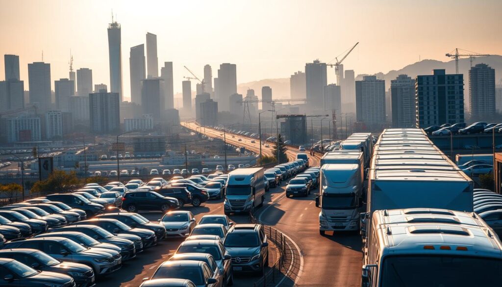 A bustling bay city skyline, with towering skyscrapers and cranes dotting the horizon. In the foreground, a busy auto transport terminal, with rows of gleaming cars waiting to be loaded onto massive carriers. The scene is bathed in warm, golden light, casting long shadows across the scene. In the middle ground, a fleet of specialized car haulers navigates the winding streets, expertly maneuvering their precious cargo. The atmosphere is one of efficiency and industry, reflecting the reliable and professional nature of the bay city's auto transport and car shipping services. A bustling bay city skyline, with towering skyscrapers and cranes dotting the horizon. In the foreground, a busy auto transport terminal, with rows of gleaming cars waiting to be loaded onto massive carriers. The scene is bathed in warm, golden light, casting long shadows across the scene. In the middle ground, a fleet of specialized car haulers navigates the winding streets, expertly maneuvering their precious cargo. The atmosphere is one of efficiency and industry, reflecting the reliable and professional nature of the bay city's auto transport and car shipping services.