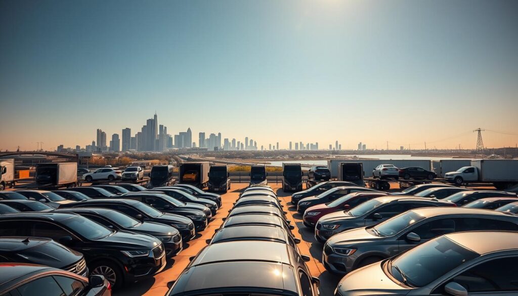 A bustling car shipping facility in Laredo, Texas, captured in a wide-angle shot. In the foreground, rows of various makes and models of cars await transport, their glossy exteriors glistening under the warm, golden afternoon sun. The middle ground features a fleet of specialized car carrier trucks, their ramps extended, ready to load the vehicles. In the background, the skyline of Laredo's cityscape provides a vibrant backdrop, with towering skyscrapers and the iconic Rio Grande flowing in the distance. The scene conveys a sense of efficiency, professionalism, and the thriving nature of the car shipping industry in this strategic border city. A bustling car shipping facility in Laredo, Texas, captured in a wide-angle shot. In the foreground, rows of various makes and models of cars await transport, their glossy exteriors glistening under the warm, golden afternoon sun. The middle ground features a fleet of specialized car carrier trucks, their ramps extended, ready to load the vehicles. In the background, the skyline of Laredo's cityscape provides a vibrant backdrop, with towering skyscrapers and the iconic Rio Grande flowing in the distance. The scene conveys a sense of efficiency, professionalism, and the thriving nature of the car shipping industry in this strategic border city.