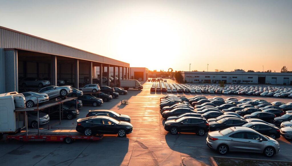 A bustling car shipping facility in the heart of Big Spring, Texas. In the foreground, a fleet of car carriers load and unload vehicles with precision. The middle ground features a well-organized storage yard, cars neatly arranged and awaiting transport. In the background, the facility's modern administrative buildings are bathed in warm, golden sunlight, conveying a sense of efficiency and professionalism. The scene is captured with a wide-angle lens, emphasizing the scale and scope of the operation. The mood is one of industrious activity, showcasing the reliable auto transport services available in this thriving community. A bustling car shipping facility in the heart of Big Spring, Texas. In the foreground, a fleet of car carriers load and unload vehicles with precision. The middle ground features a well-organized storage yard, cars neatly arranged and awaiting transport. In the background, the facility's modern administrative buildings are bathed in warm, golden sunlight, conveying a sense of efficiency and professionalism. The scene is captured with a wide-angle lens, emphasizing the scale and scope of the operation. The mood is one of industrious activity, showcasing the reliable auto transport services available in this thriving community.